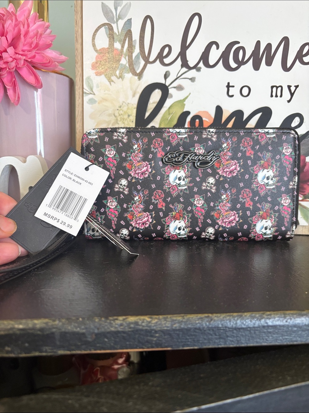 Ed Hardy Black Floral Skull Zip Wallet with Wrist Strap